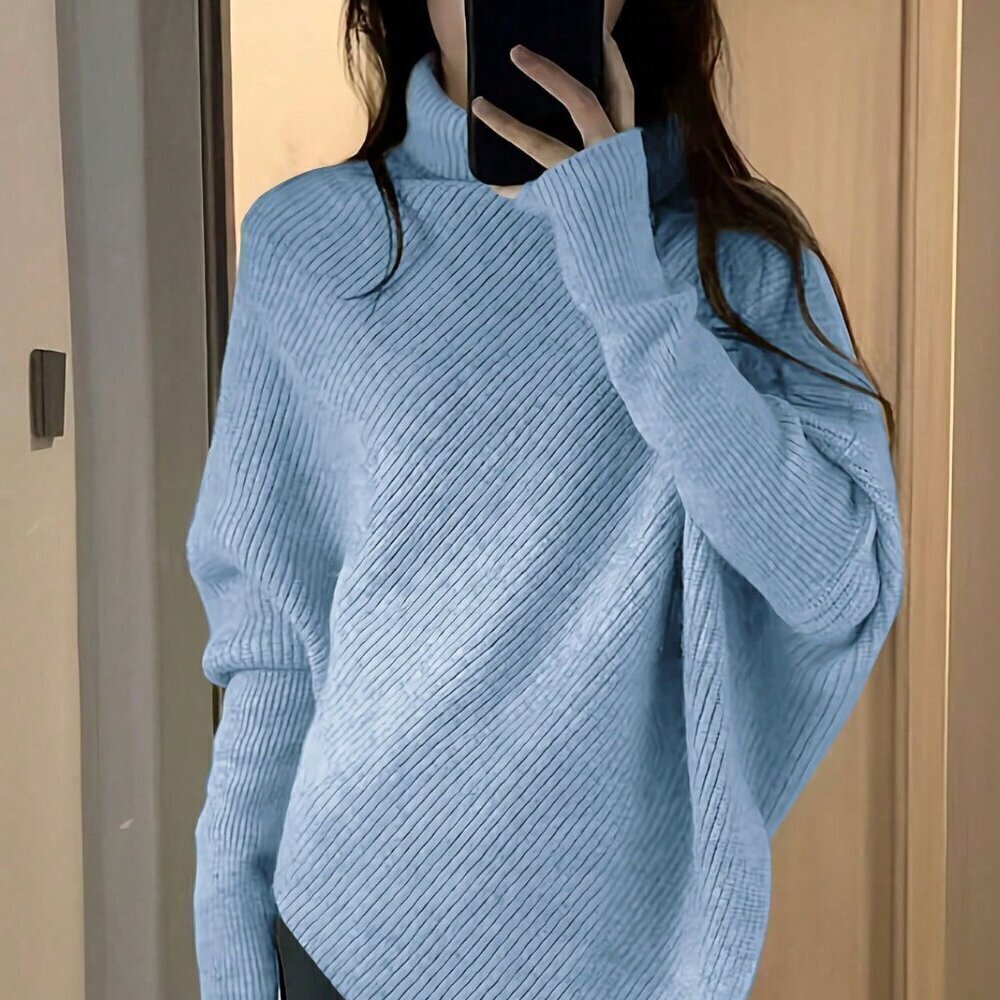Blue Casual Women's High Neck Batwing Sleeve Sweater